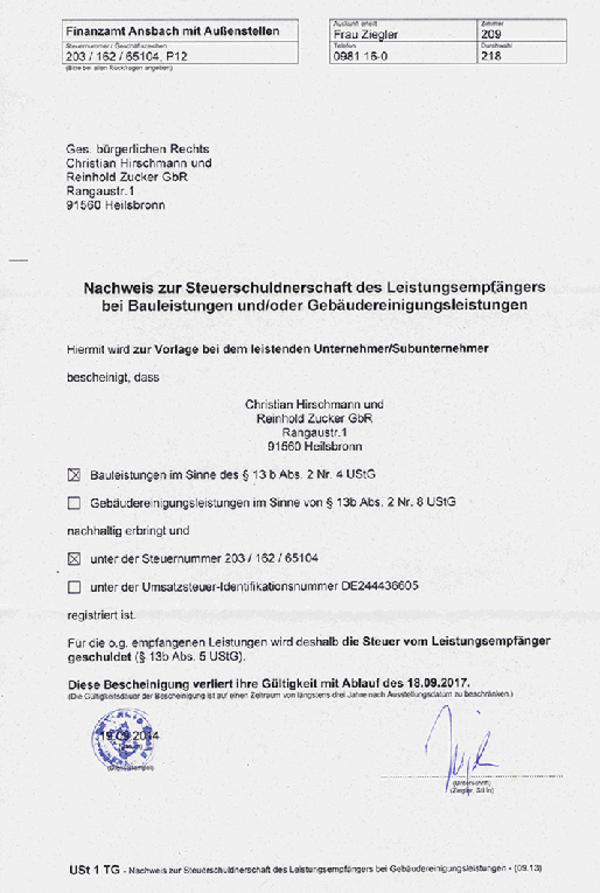 Nachweis zur Steuerschuldnerschaft bei Hirschmann & Zucker in Heilsbronn