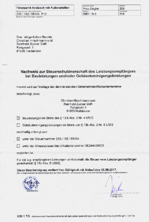 Nachweis zur Steuerschuldnerschaft bei Hirschmann & Zucker in Heilsbronn