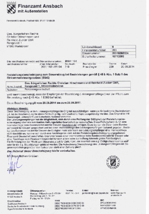 Freistellungsbescheinigung nach §48 b Abs. 1, S. 1 EStG bei Hirschmann & Zucker in Heilsbronn