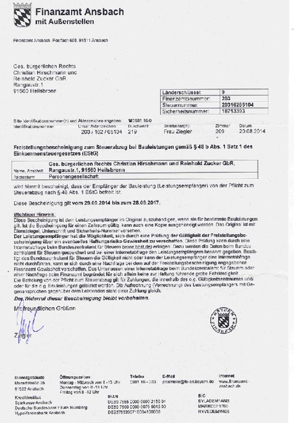 Freistellungsbescheinigung nach §48 b Abs. 1, S. 1 EStG bei Hirschmann & Zucker in Heilsbronn